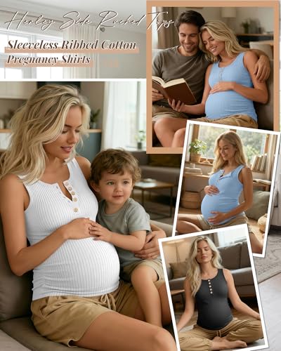 3 Pack Maternity Tank Tops Ribbed Tops - color: Dusty Blue, White, Black, size: Small
