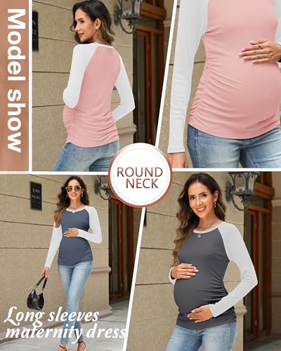 Neer 3 Pack Maternity Long Sleeve Shirts Ribbed Pregnancy Tops - color: Dark Gray, Haze Blue, Pink, size: Small