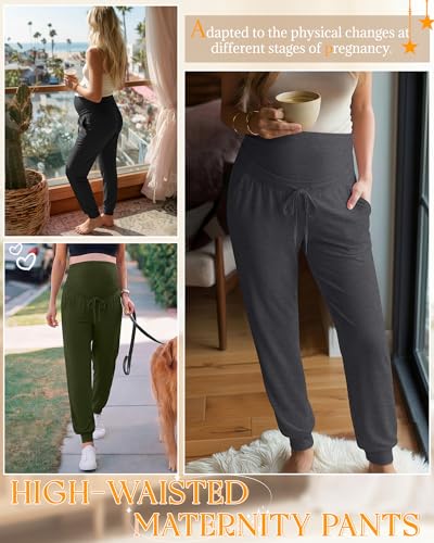 3 Pack Womens Maternity Pants Loose Pregnancy Joggers - color: Army Green, Dark Gray, Black, size: Small