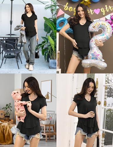 SUNNYBUY 3 PCS Maternity Breastfeeding Pajamas Set with Hidden Nursing Top - color: Black, size: Medium