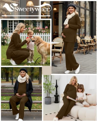 Women's 2 Piece Maternity Ribbed Pajama Outfit - color: Brown, size: Large