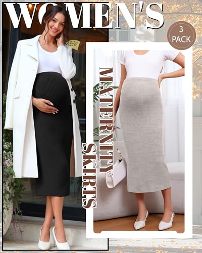 Neer 3 Pack Women's Ribbed Knit Maternity Skirts - color: Light Coffee, Light Blue, Black, size: Large