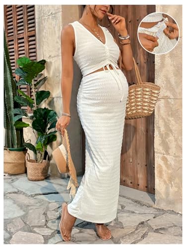 Milumia Women's Maternity 2 Piece Outfits Tank Top Bodycon Maxi Skirt Sets - color: Apricot, size: Medium