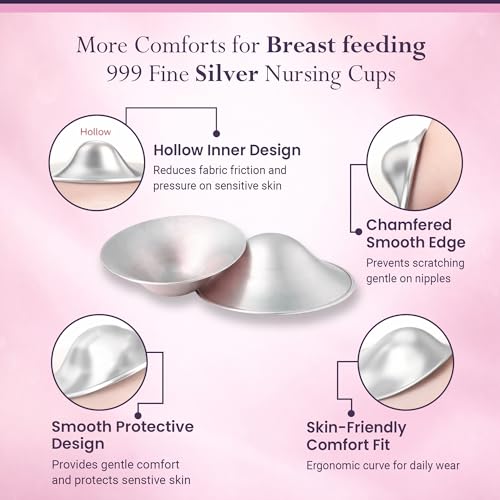 999 Pure Silver Nursing Cups for Breastfeeding – Silver Nipple Covers Breastfeeding Moms Use, Silver Nipple Shield & Nursing Cups for Sore, Sensitive Nipples, Reusable Silver Cups Breastfeeding Care - size: Regular