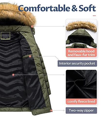 CREATMO US Women's Winter Hooded Coat Waterproof Warm Long Puffer Jacket Parka - color: Army Green, size: Large