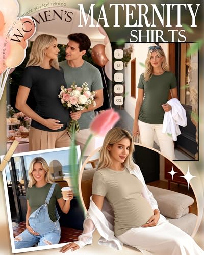 Ficerd 3 Pack Women's Short Sleeve Maternity Shirts - color: Black, Light Army Green, Khaki, size: Small
