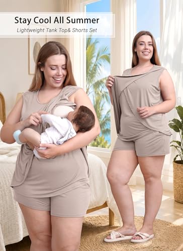 Rnxrbb 4 PCS All-Season Nursing Pajamas Robe Set Maternity Postpartum Pjs - color: Beige, size: X-Large