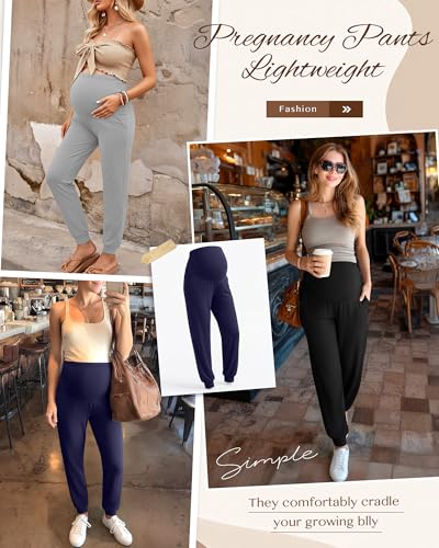 3 Pack Women's Maternity Pants Pregnancy Joggers - color: Navy Blue, Light Gray, Black, size: Small