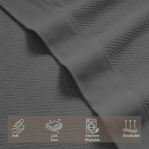 Threadmill Luxury 100% Cotton Queen Herringbone Blanket, Dark Grey - color: Dark Grey, size: Queen (90" x 92")