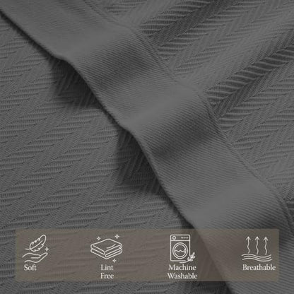 Threadmill Luxury 100% Cotton Queen Herringbone Blanket, Dark Grey - color: Dark Grey, size: Queen (90" x 92")