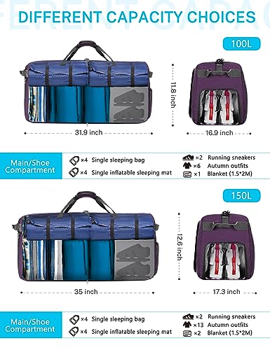 Gonex 100L Foldable Travel Duffle Bag with Shoe Compartment, Lightweight - color: Purple, size: 100L