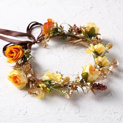 Fairy Rose Flower Crown, Autumn Yellow Flower Headband - color: Orange