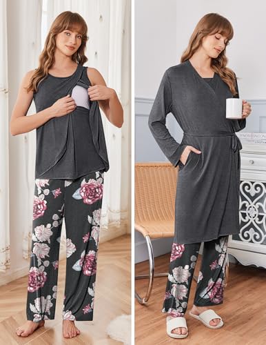 Ekouaer Maternity Pajamas Nursing Robe Set 3 Pieces Post Partum Lounge Sets - color: Medium Gray, size: XX-Large