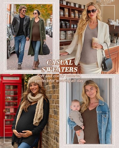 3 Pack Women Ribbed Maternity Sweaters Winter Clothes - color: Black, Dark Camel, Coffee, size: Large