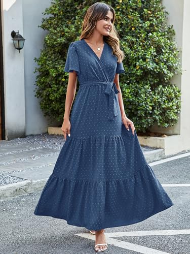 MASCOMODA Womens Summer Swiss Dot Maxi Dresses Wrap Boho Floral Long Dress - color: S-grey Blue, size: X-Large