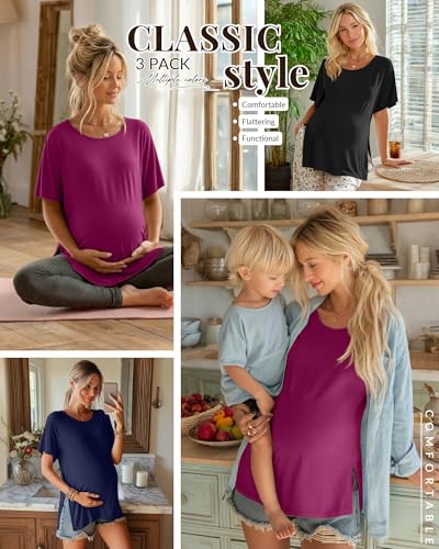 Riyiper 3 Pack Women's Maternity Tunic Cotton Shirts - color: Fuchsia, Navy Blue, Black, size: Small