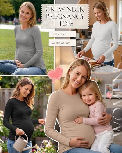 Ficerd 4 Pack Women's Maternity Shirts Long Sleeve Pregnancy Top - color: Black, Light Heather Gray, Khaki, White, size: Medium