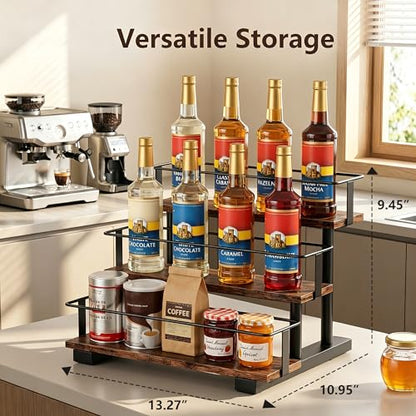 3-Tier Coffee Syrup Rack, Holds 12 Bottles, Rustic Wood & Metal - size: 12-bottle