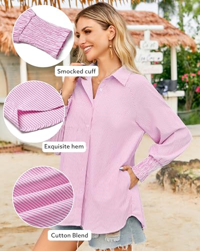 OUGES Women's Cotton Blend Oversized Boyfriend Collar Shirts Smocked Cuffed Striped Button Down Blouse Tops with Pockets - color: Pink, size: X-Large