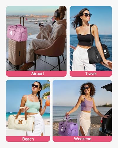Elilier Thank You Gift Idea, Personalized Duffle Bag for Women, Letter V - color: Beige, style: V