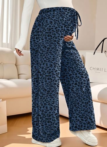 BLENCOT Maternity Pants Leopard Wide Leg Drawstring Pregnancy Trousers - color: Blue, size: Small