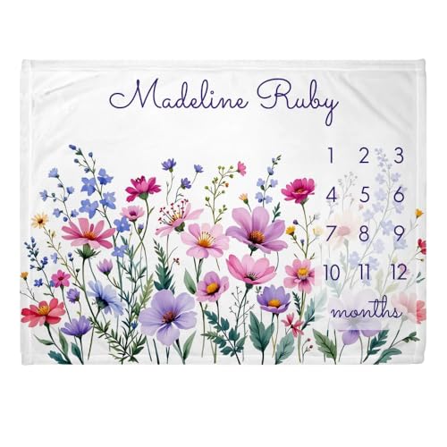 Pesonalized Baby Monthly Milestone Blanket Large, Wildflower Milestone Blanket, Girl Month Throw, Personalized Little One Throw, Custom Baby Girl Gift Newborn Shower Gift - color: Wildflower