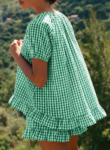 BLENCOT Maternity Clothes 2 PCS Gingham Cotton Pregnancy Pajamas Short Sets - color: Green, size: Small
