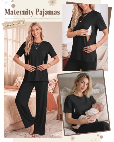 2Pc Postpartum Nursing Pajamas Set - color: Black, size: Small