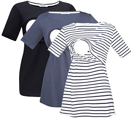 Bearsland Women's 3 Packs Maternity Nursing Tops Short Sleeve Breastfeeding Shirts - color: Black+grayblue+blackwhite Stripe(3pcs), size: Medium