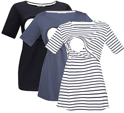Bearsland Women's 3 Packs Maternity Nursing Tops Short Sleeve Breastfeeding Shirts - color: Black+grayblue+blackwhite Stripe(3pcs), size: Medium