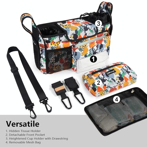 TOPDesign Universal Baby Stroller Organizer, Stroller Caddy with Detachable Mesh Bag & Heightened Insulated Cup Holders & Non-Slip Secure Hooks Accessories, Fits Most Strollers (Zoo) - color: Zoo, style: Pro