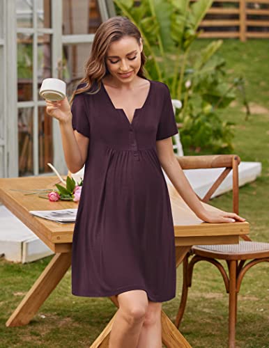 Ekouaer Labor and Delivery Gown Maternity Nursing Nightgown Breastfeeding - color: Maroon, size: Large