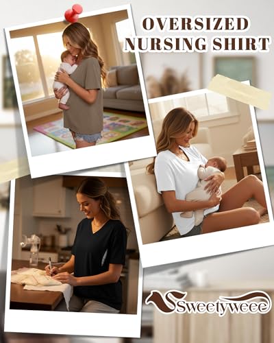 3 Pack Women's Oversize Nursing Shirts - color: Light Brown, White, Black, size: Small