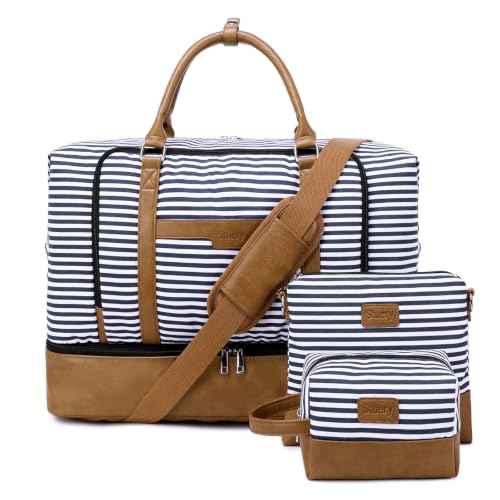 Weekender Bags for Women, Large Travel Duffel Bag, Carry on Overnight Bag - color: B-Blue-White
