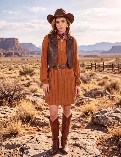 Naggoo Womens Fall Long Sleeve Dresses Collared V Neck Sweater Mini Dress - color: Caramel, size: Medium