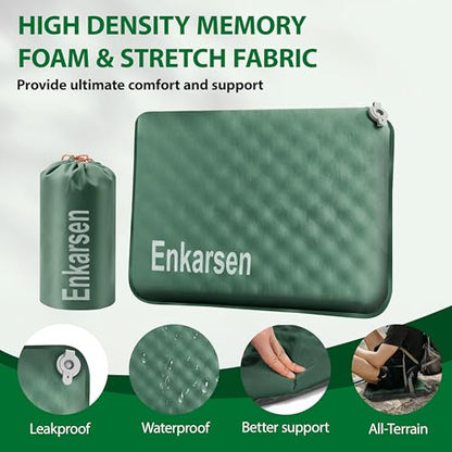 Inflatable Travel Seat Cushion – Self-Inflating Memory Foam Pad for Airplane, Stadium Bleachers, Camping, Hiking & Backpacking – Ultralight Compact & Portable Sitting Cushion (Green) - color: Green