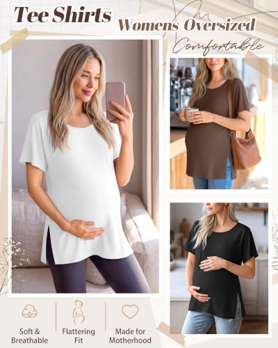4 Pack Women Maternity T-Shirts Pregnancy Tops - color: Brown, White, Light Gray, Black, size: Large