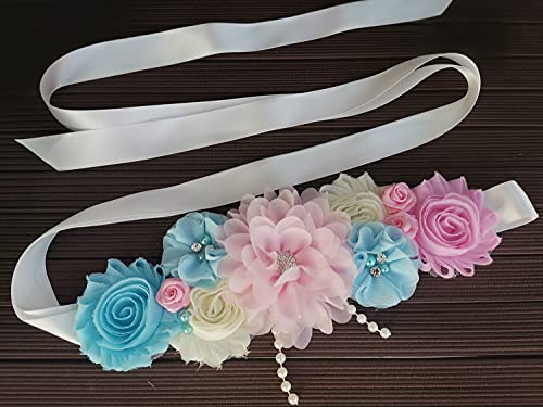 Maternity sash handmade flower sash for baby shower - color: Pink Blue