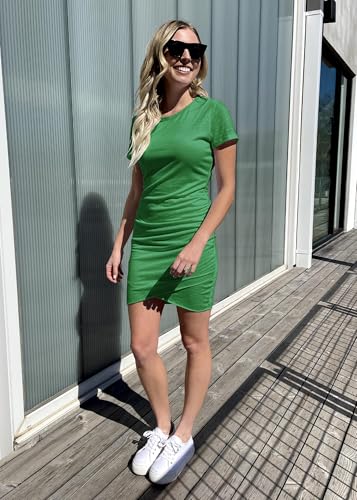 BTFBM Women Ruched Short Sleeve Bodycon Tshirt Dress - color: Bright Green, size: Medium