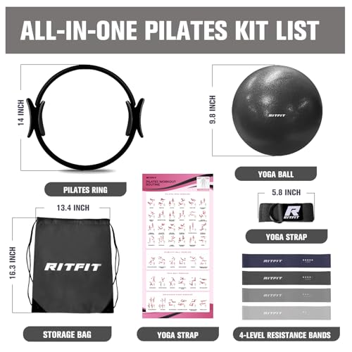 RitFit Pilates kit, 14" Pilates Ring with Pilates Ball & Resistance Bands - color: Black
