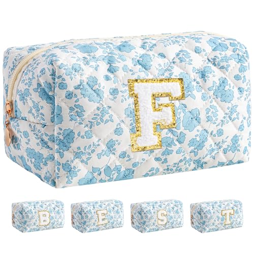 HBselect Personalized Makeup Bag for Women Initial Quilted Toiletry Bag - color: Blue Flower, size: F