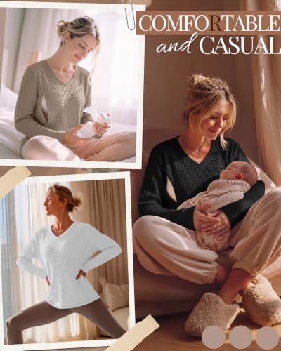 Huukeay 3 Pack Women's Long Sleeve Nursing Breastfeeding Shirts - color: Khaki, White, Black, size: Large