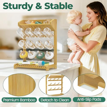 EsLuker.ly Baby Bottle Drying Rack Bamboo Vertical Dryer Holder