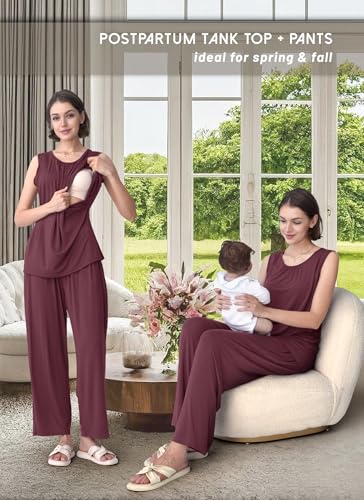 Rnxrbb 3 PCS Nursing Pajamas Robe Set Maternity Postpartum Pjs for Hospital - color: Deep Purple, size: Small
