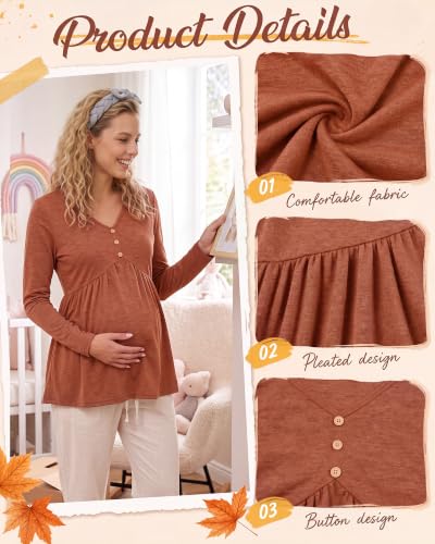 Cutecrop 3 Pack Maternity Long Sleeve V Neck Shirt - color: Black, Wine Red, Caramel, size: Medium