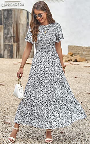 PRETTYGARDEN Women's 2026 Summer Casual Flutter Sleeve Floral Maxi Dress - color: White, size: Small