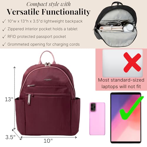 Baggallini Securtex® Anti-theft Vacation Travel Backpack 10x13 Daypack w/Locking Zippers & RFID Wallet Slash-Resistant - color: Jam/Dusty Mauve