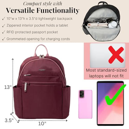 Baggallini Securtex® Anti-theft Vacation Travel Backpack 10x13 Daypack w/Locking Zippers & RFID Wallet Slash-Resistant - color: Jam/Dusty Mauve