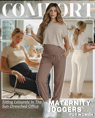 3 Pack Women's Maternity Jogger Pants with Pockets - color: Coffee, Apricot, Black, size: Large