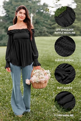 OUGES Womens Cotton Blend Off The Shoulder Maternity Tops Smocked Ruffle Sleeve Blouse Going Out Pregnancy Shirts 2025 - color: Black, size: Medium